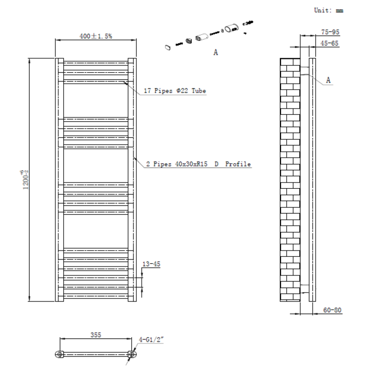 Eliseo Ricci Straight Heated Towel Rail Anthracite 1200mm x 400mm - Technical drawing