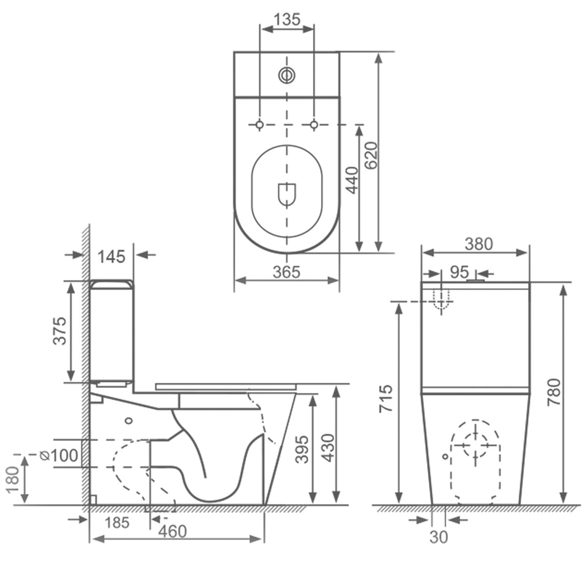 Arc Rimless Close Coupled Fully Back To Wall Toilet & Soft Close Seat - Black - Technical drawing