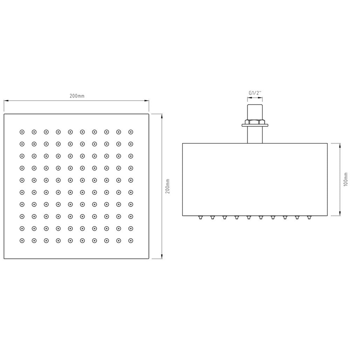 Synergy Square 200 x 200 x 100mm Ceiling Shower Head - Technical drawing