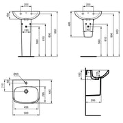 Ideal Standard i.life A 500mm 1 Taphole Basin & Full Pedestal - Technical drawing