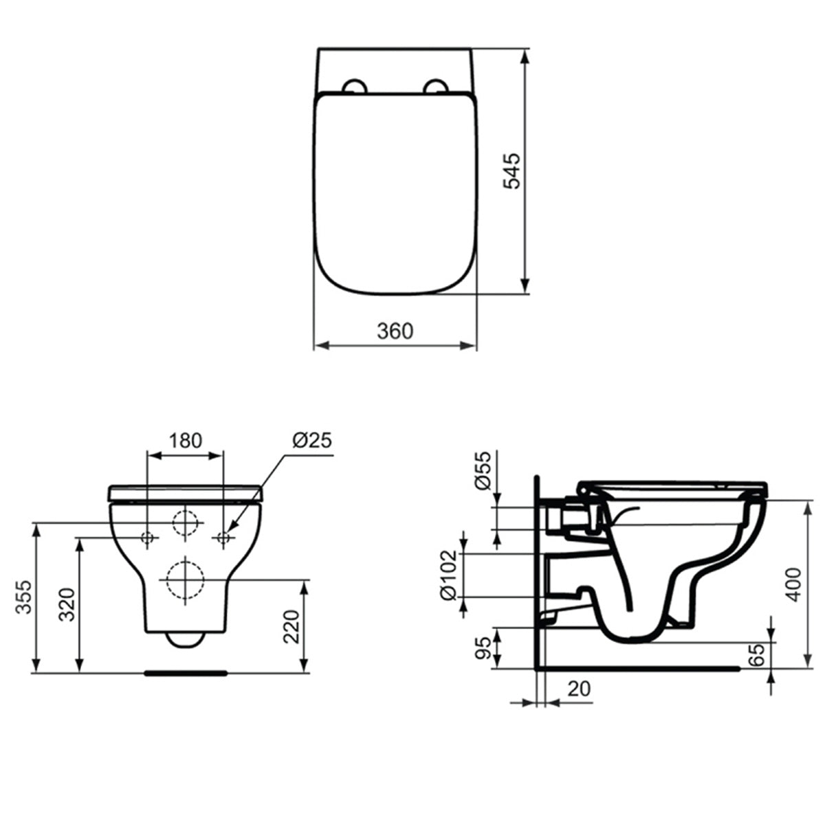 Ideal Standard i.life A Rimless Wall Hung Toilet & Soft Close Seat - Technical drawing