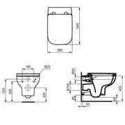 Ideal Standard i.life A Rimless Wall Hung Toilet & Soft Close Seat - Technical drawing