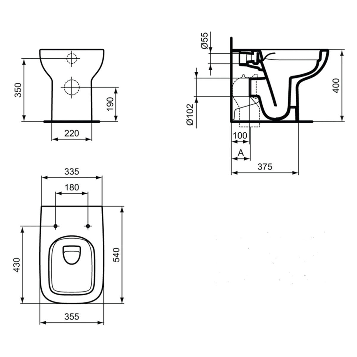 Ideal Standard i.life A Rimless Back to Wall Toilet & Soft Close Seat - Technical drawing