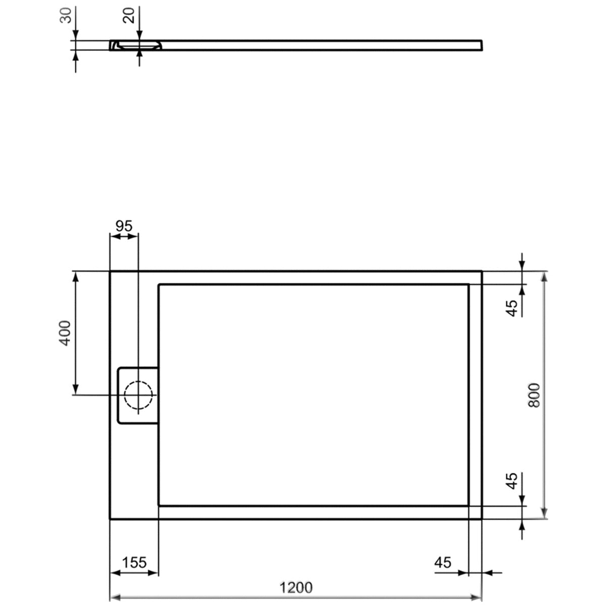 Ultra Flat S i.life 1200 x 800mm Shower Tray - Sand - Technical drawing