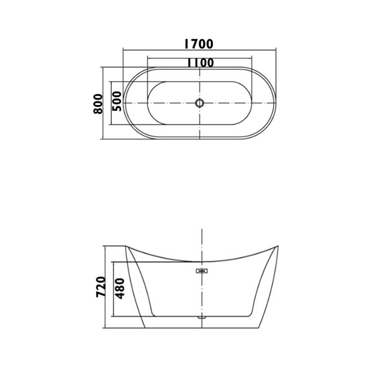 Viktor Benson Taha 1700 x 800 Freestanding Double Ended Bath - Technical drawing