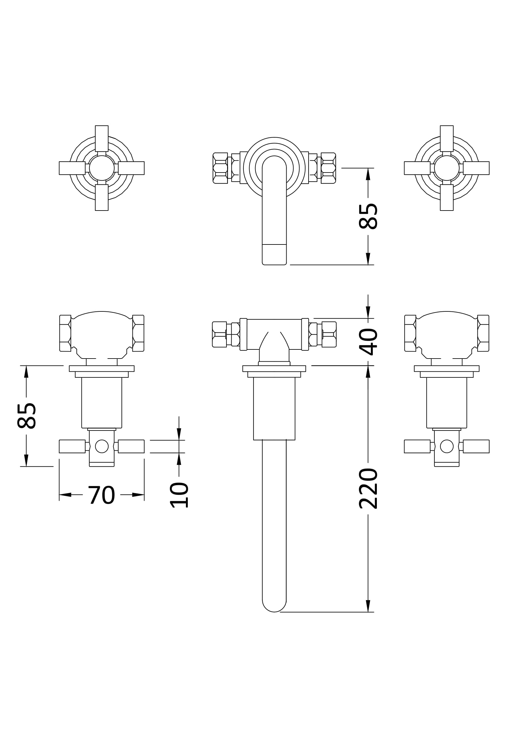 Hudson Reed Tec Crosshead Wall Mounted Basin Mixer - Brushed Brass - Technical drawing