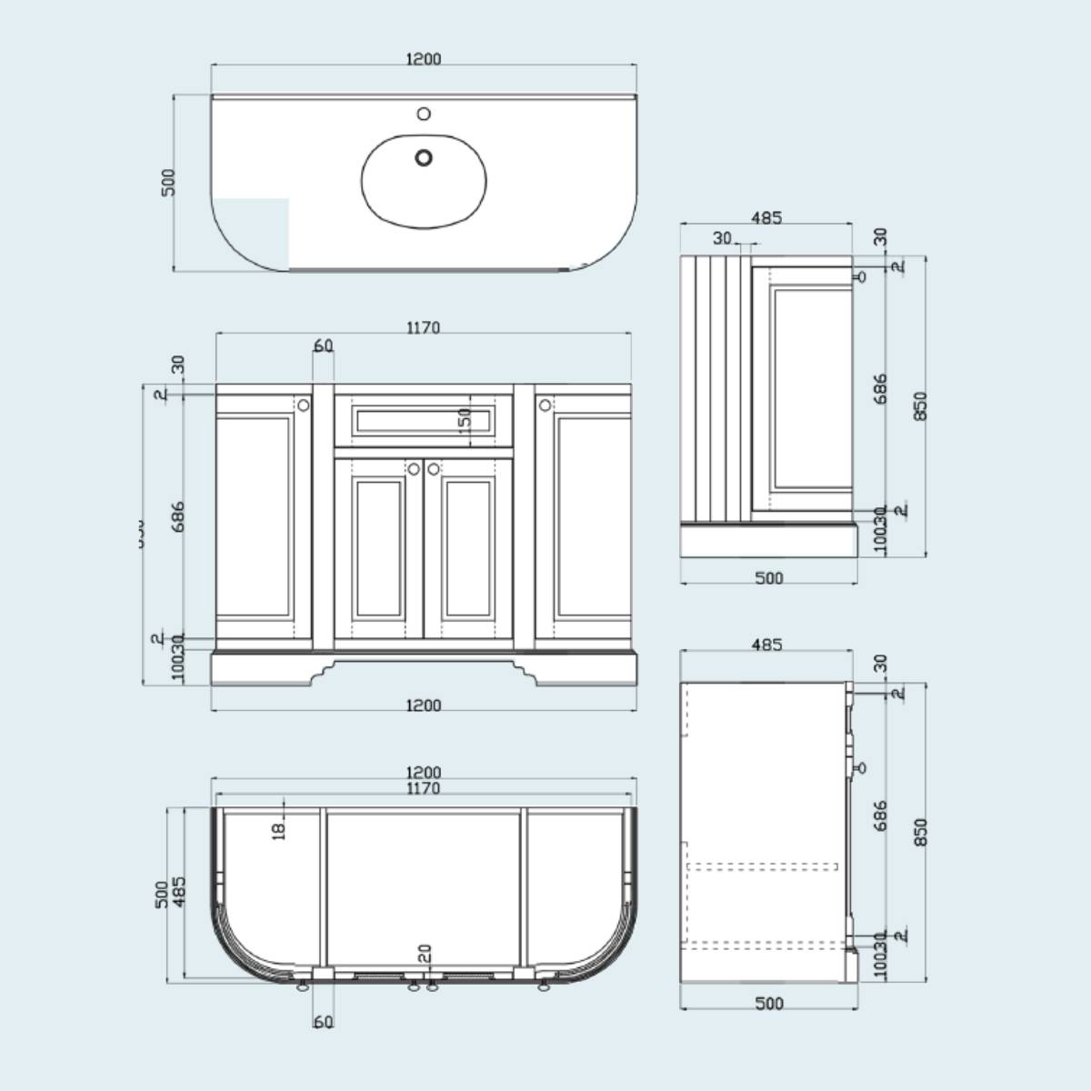 Kingsbury Classic Curved 1200mm Vanity Unit, Worktop & Ceramic Basin - Signal Grey - Technical drawing