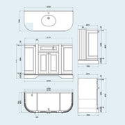 Kingsbury Classic Curved 1200mm Vanity Unit, Worktop & Ceramic Basin - Signal Grey - Technical drawing
