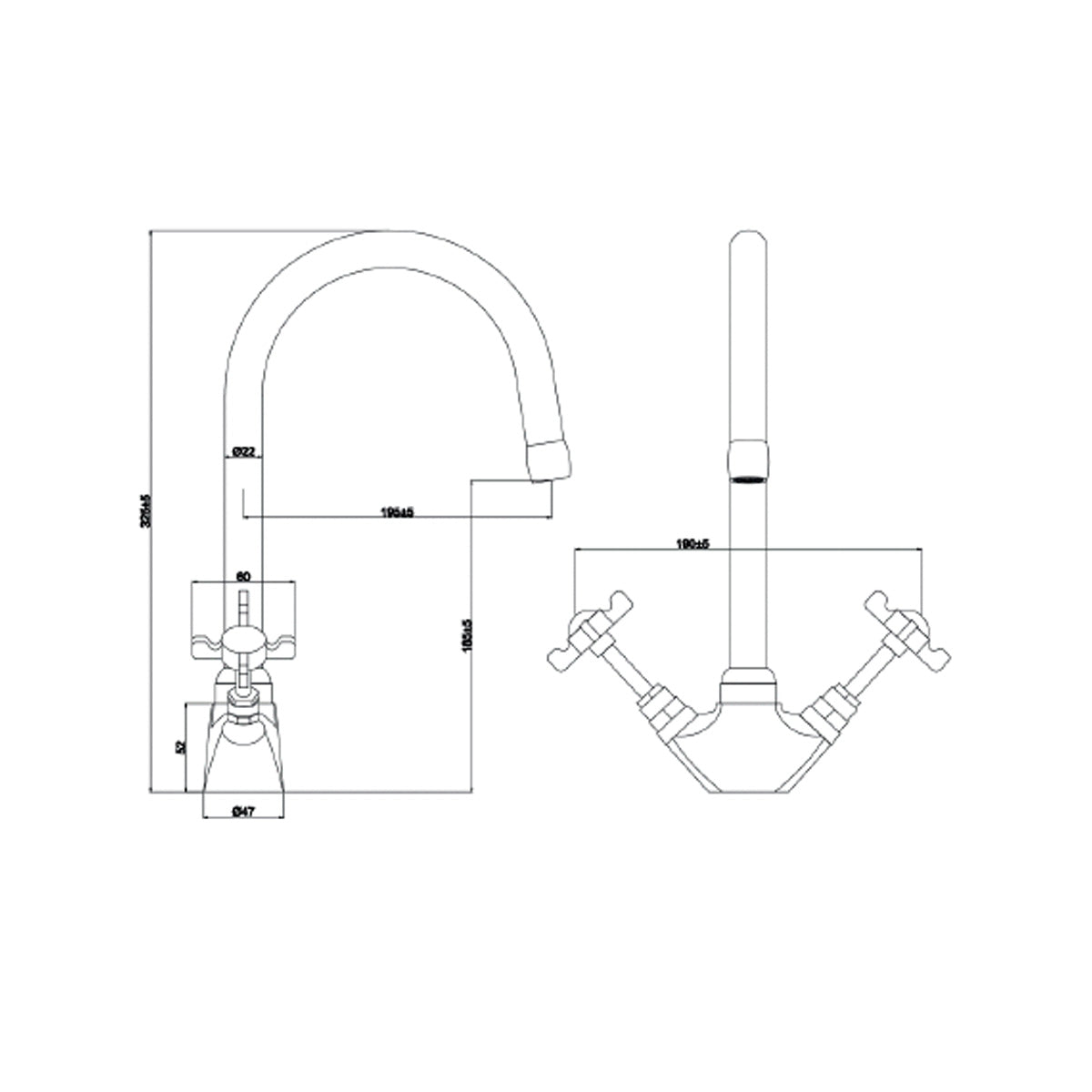 Tre Mercati Imperial Traditional Deck Mounted Sink Mixer Tap - Chrome - Technical drawing