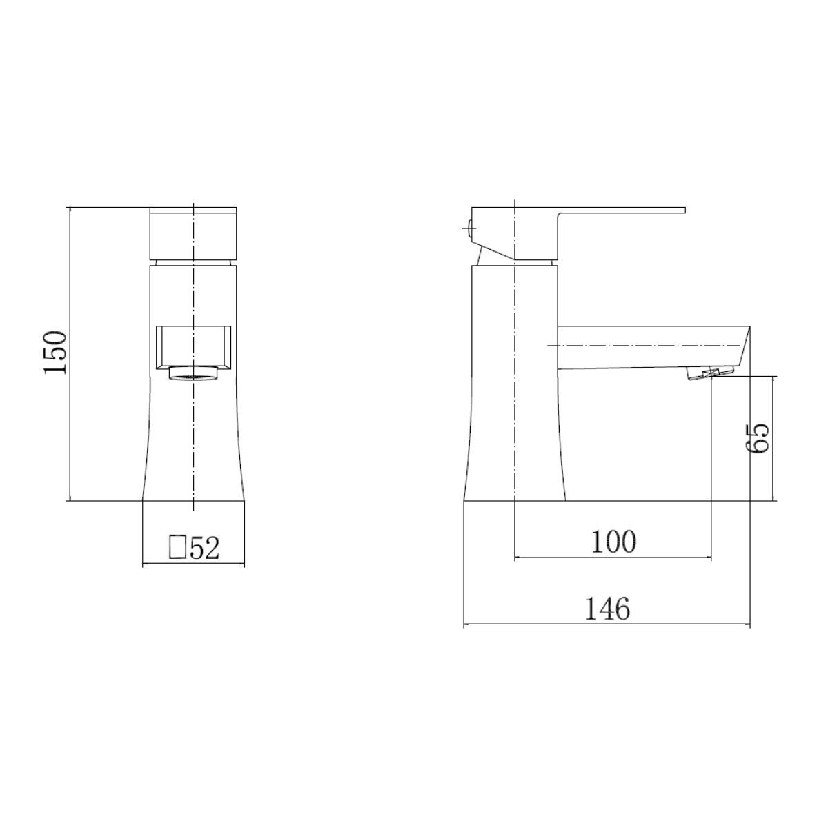 Haworth Modern Square Basin Mixer - Chrome - Technical drawing