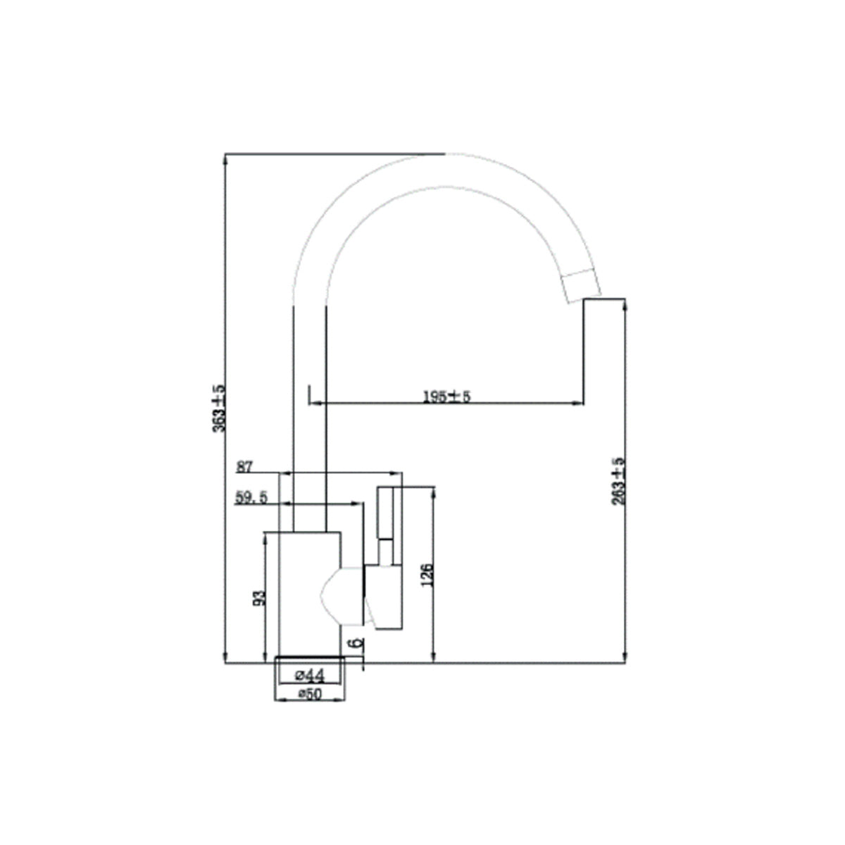 Tre Mercati Kitchener Modern Mono Sink Mixer Tap - Technical drawing