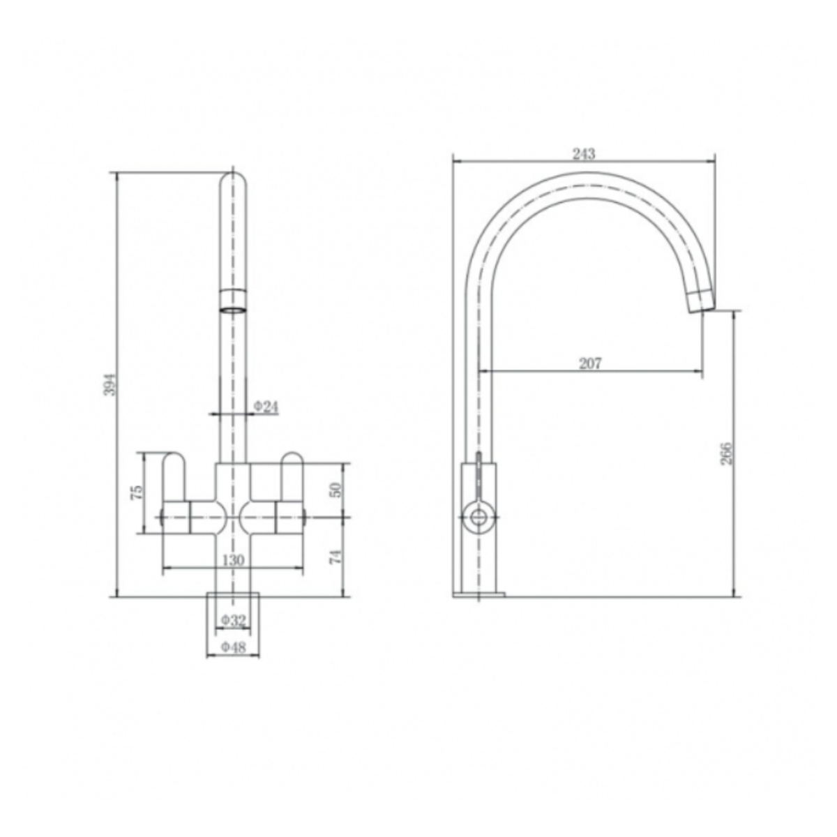 Emelia Kitchen Sink Mixer With Flat Lever Handles - Chrome - Technical drawing