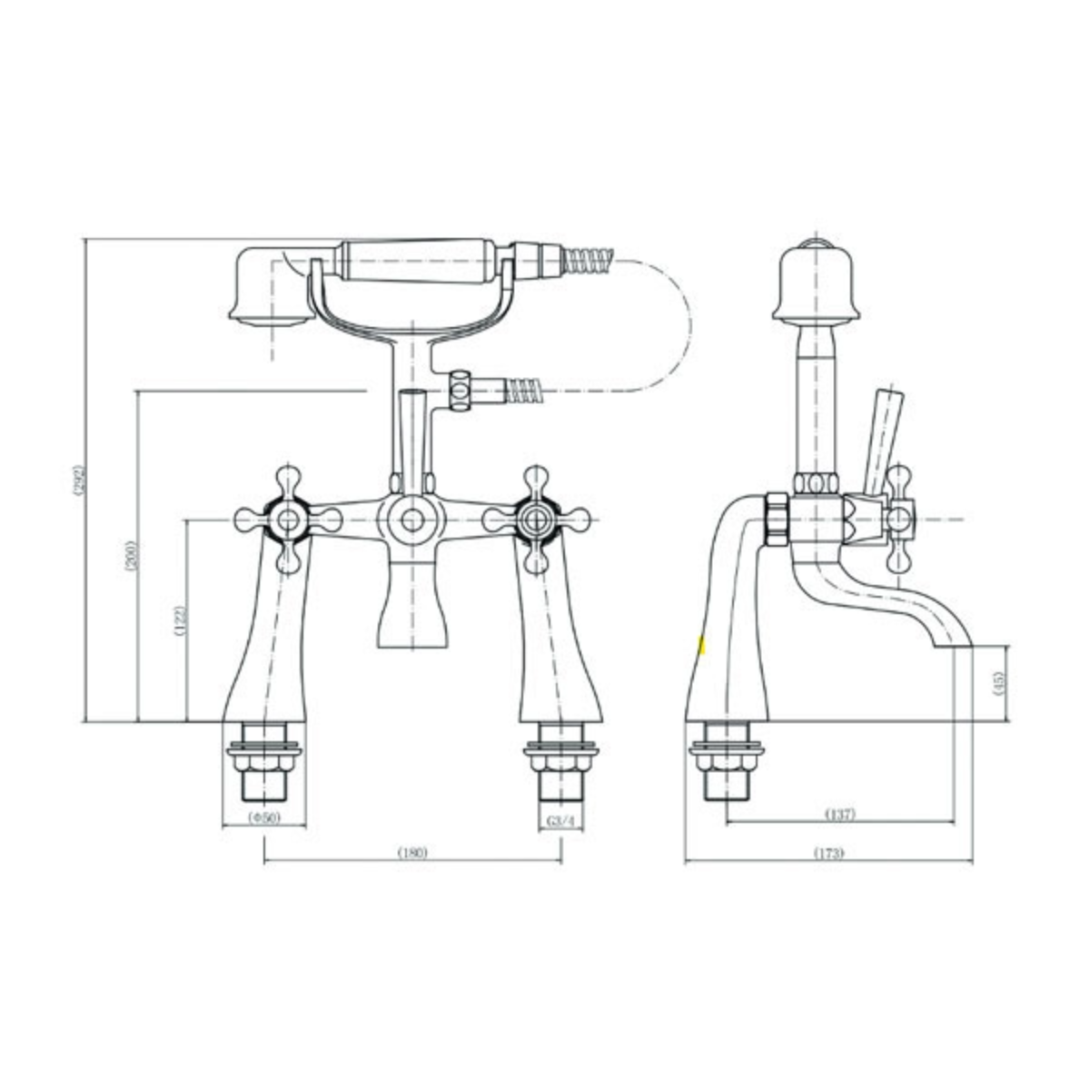 Traditional Victoria Bath Shower Mixer - Chrome - Technical drawing