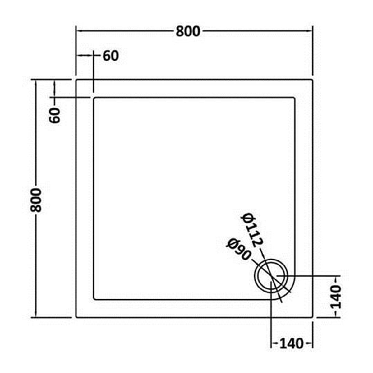 Nuie 800 x 800mm Square Shower Tray - Slate Grey - Technical drawing