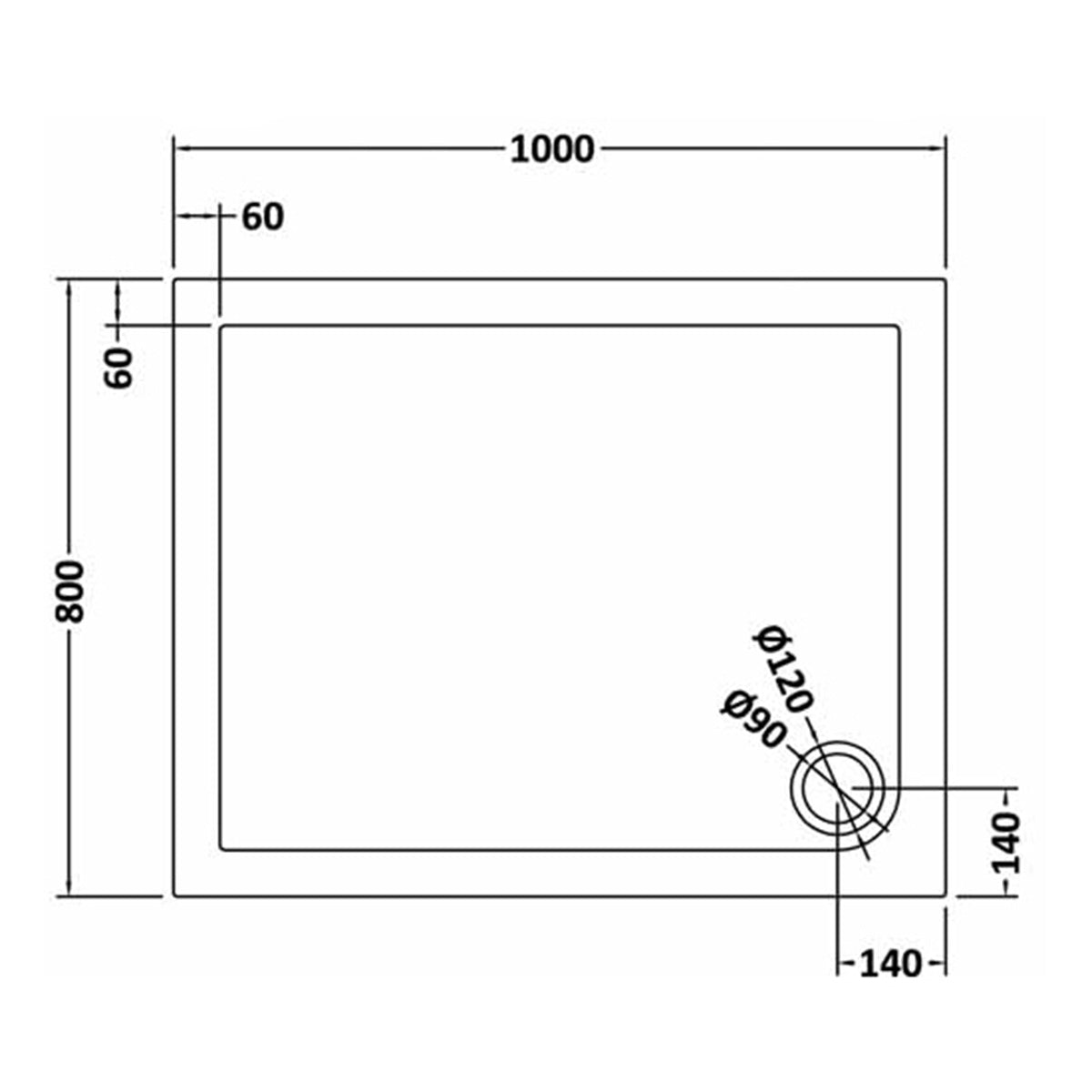 Nuie 1000 x 800mm Rectangular Shower Tray - Slate Grey - Technical drawing