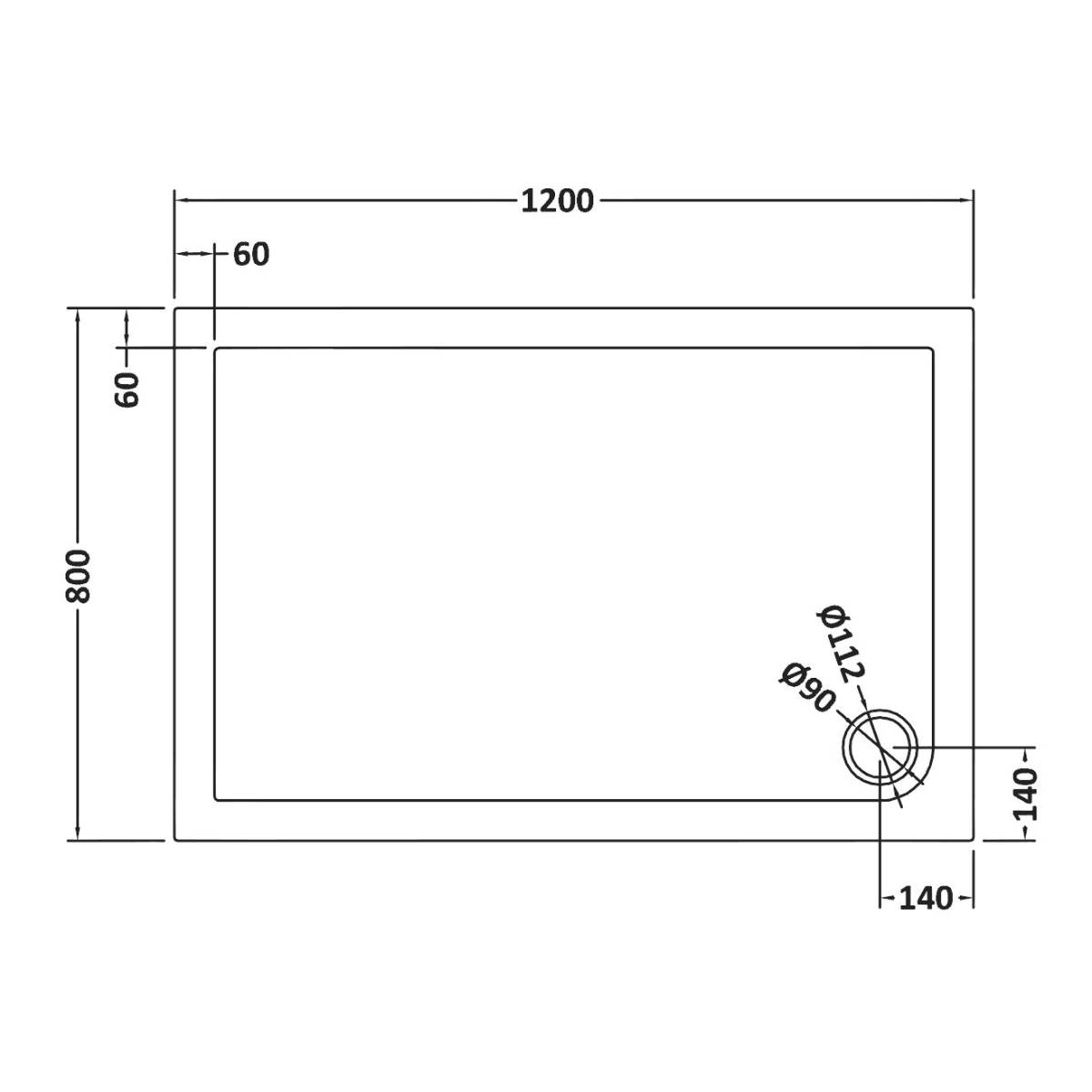 Nuie 1200 x 800mm Rectangular Shower Tray - Slate Grey - Technical drawing