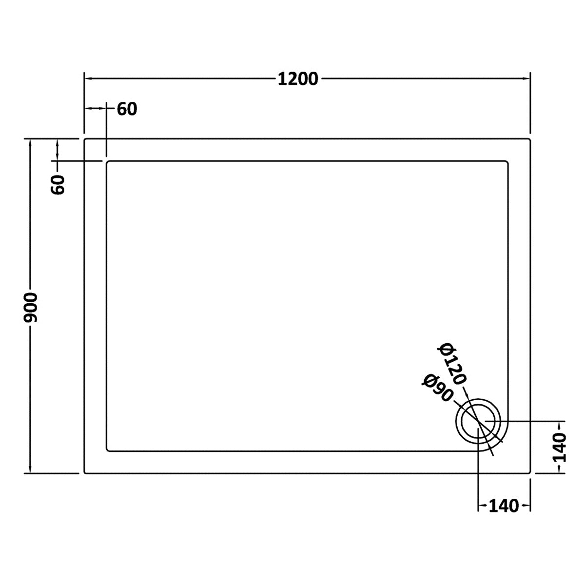 Nuie 1200 x 900mm Rectangular Shower Tray - Slate Grey - Technical drawing
