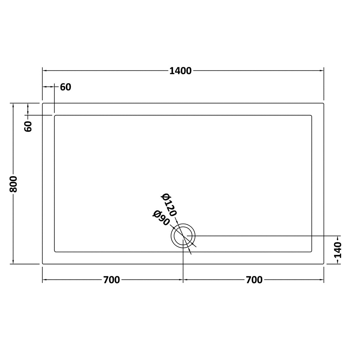 Nuie 1400 x 800mm Rectangular Shower Tray - Slate Grey - Technical drawing
