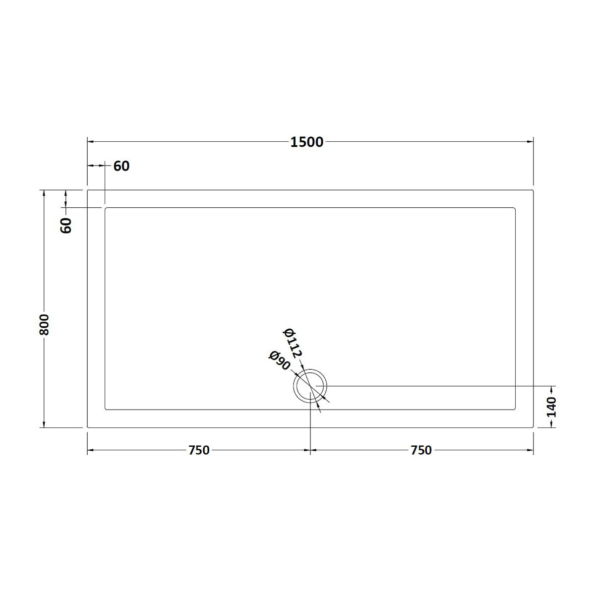 Nuie 1500 x 800mm Rectangular Shower Tray - Slate Grey - Technical drawing