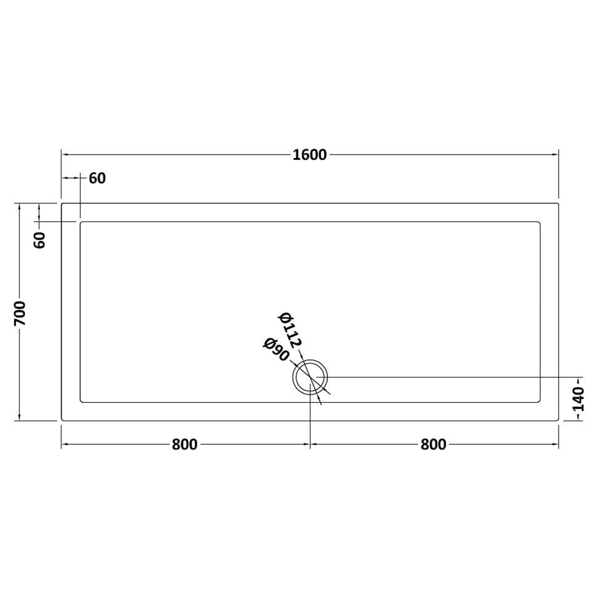 Nuie 1600 x 700mm Rectangular Shower Tray - Slate Grey - Technical drawing