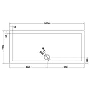 Nuie 1600 x 700mm Rectangular Shower Tray - Slate Grey - Technical drawing