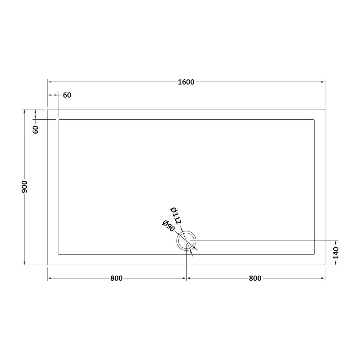 Nuie 1600 x 900mm Rectangular Shower Tray - Slate Grey - Technical drawing