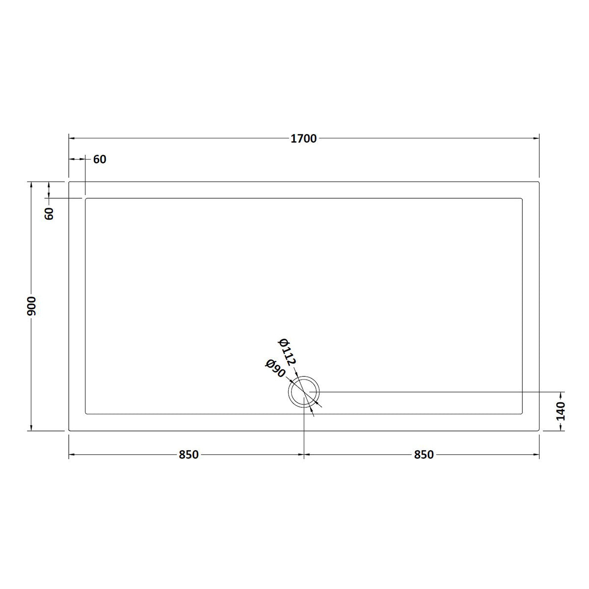 Nuie 1700 x 900mm Rectangular Shower Tray - Slate Grey - Technical drawing