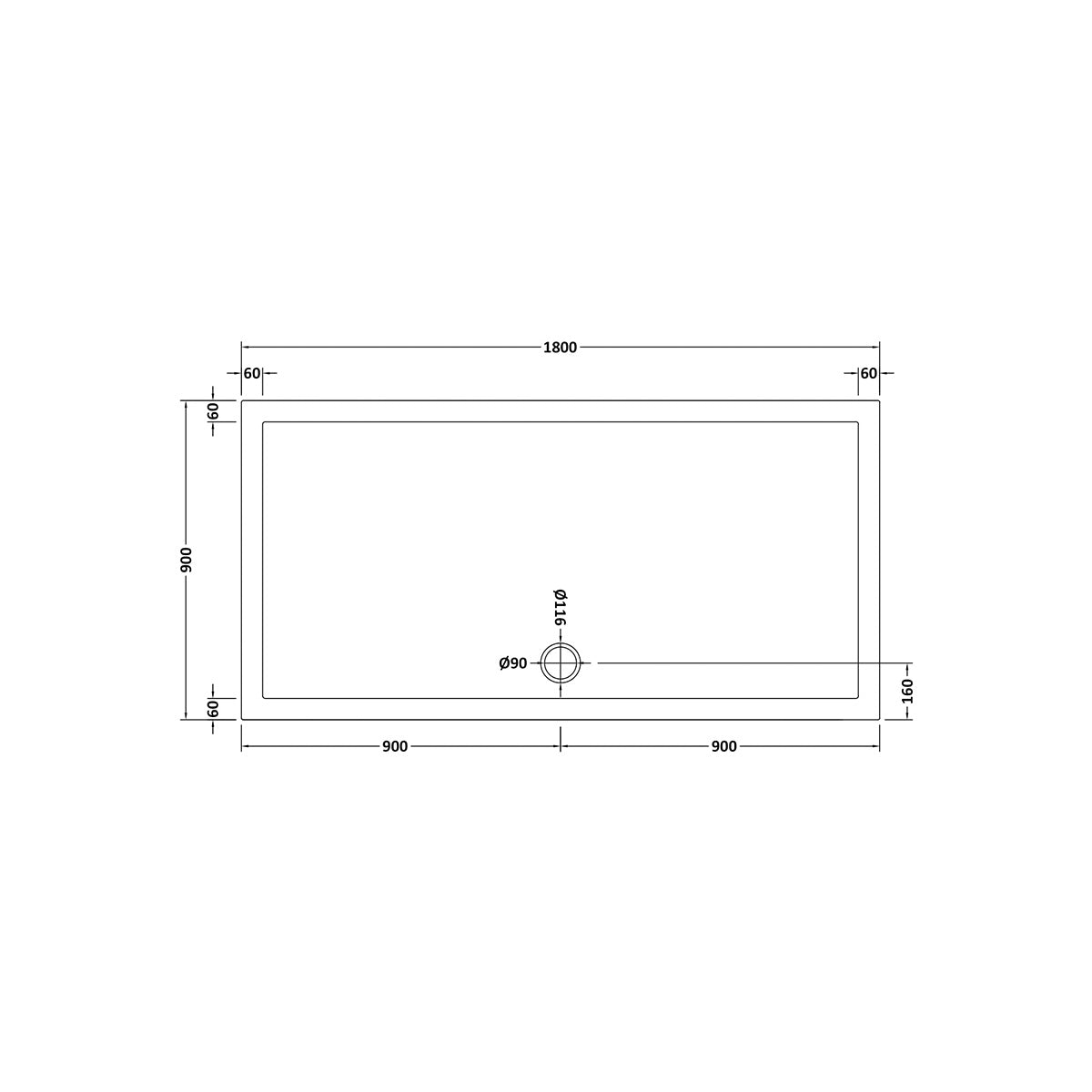 Nuie 1800 x 900mm Rectangular Shower Tray - Slate Grey - Technical drawing