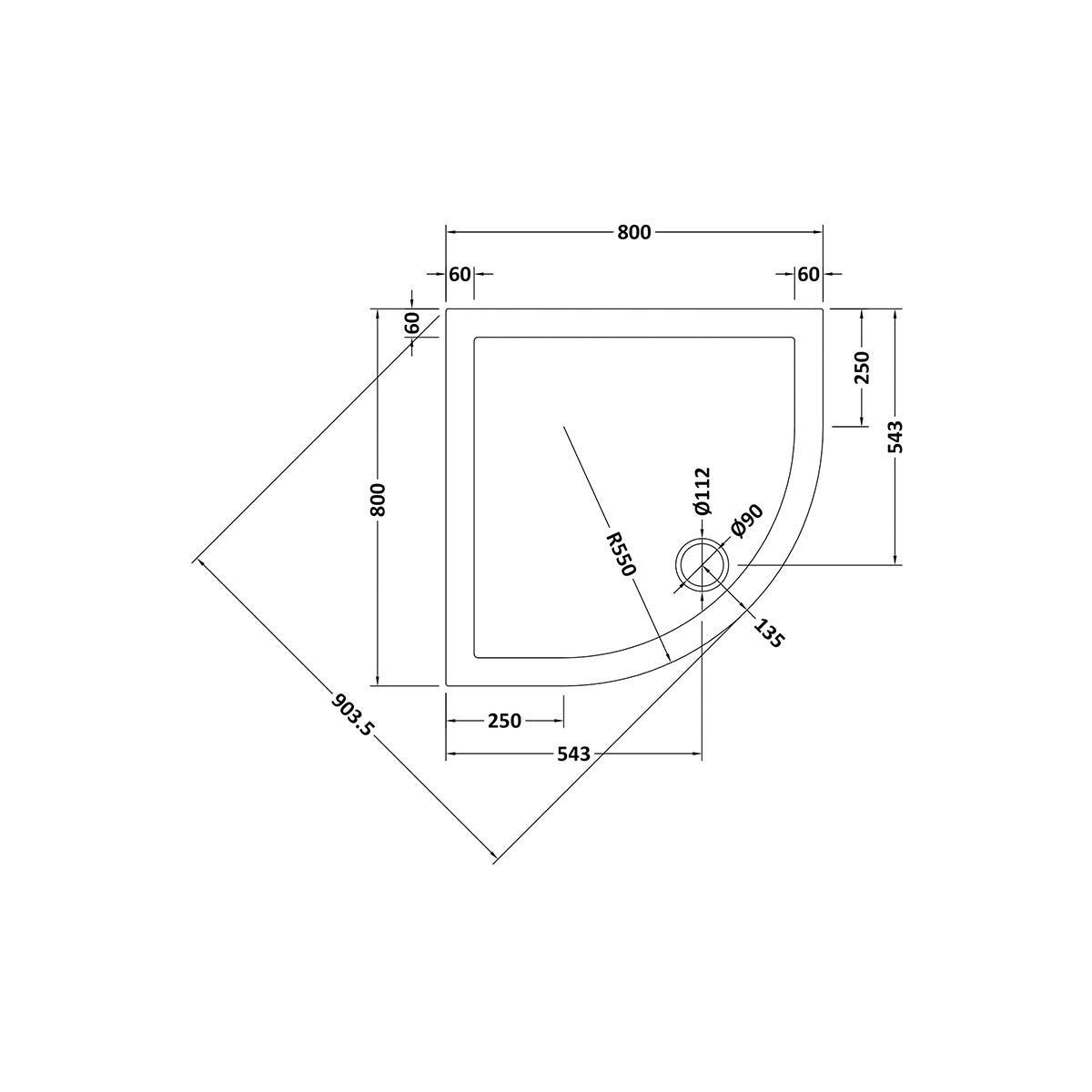 Nuie 800mm Quadrant Shower Tray - Slate Grey - Technical drawing
