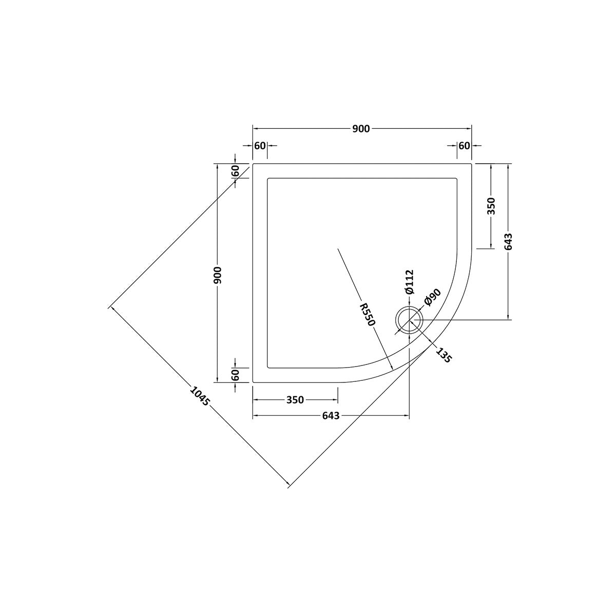 Nuie 900mm Quadrant Shower Tray - Slate Grey - Technical drawing