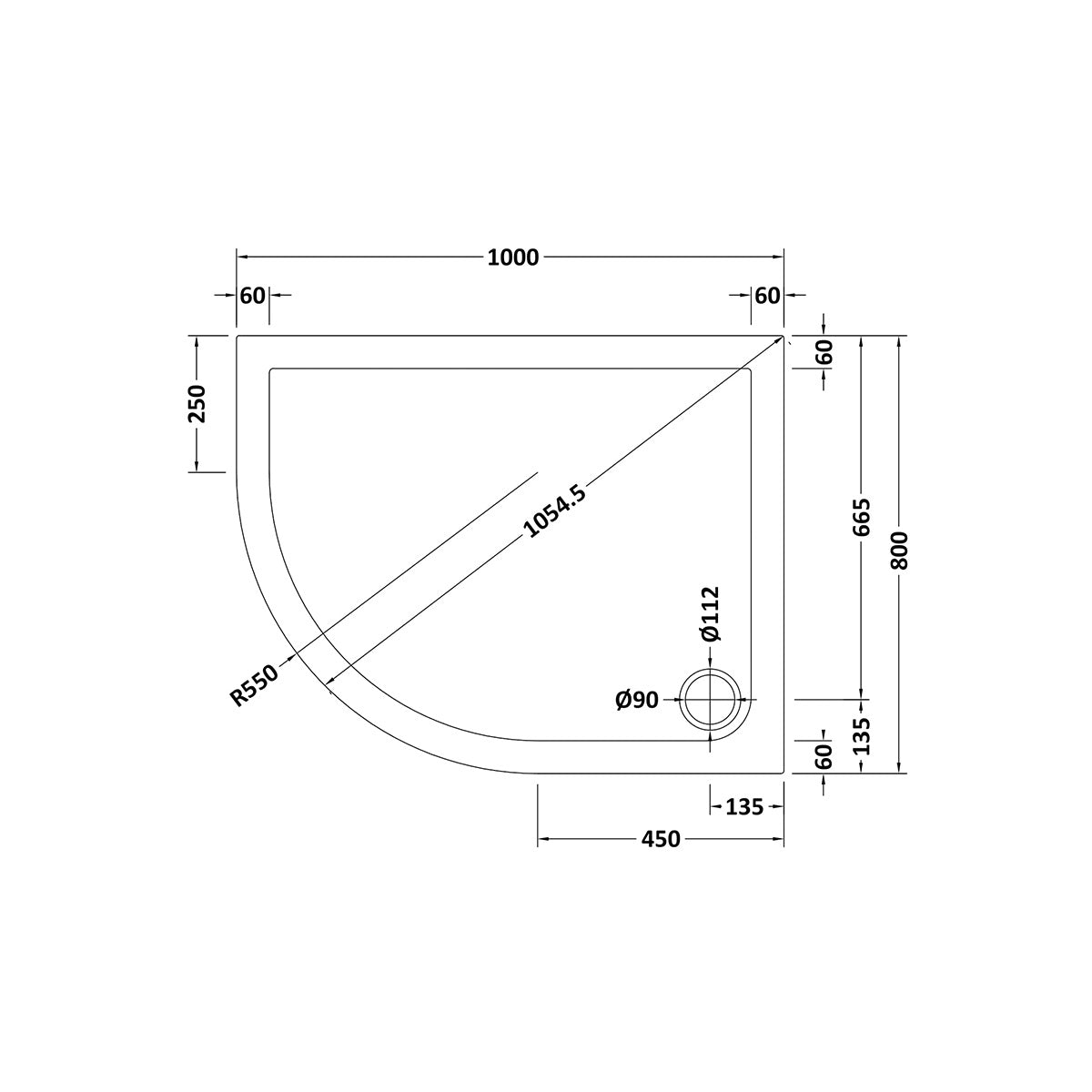 Nuie 1000 x 800mm Offset Quadrant Shower Tray - Left Hand - Slate Grey - Technical drawing