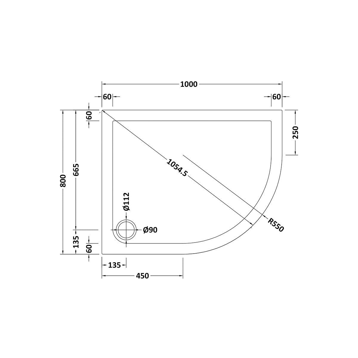 Nuie 1000 x 800mm Offset Quadrant Shower Tray - Right Hand - Slate Grey - Technical drawing