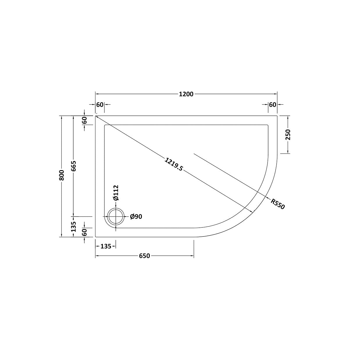 Nuie 1200 x 800mm Offset Quadrant Shower Tray - Right Hand - Slate Grey - Technical drawing