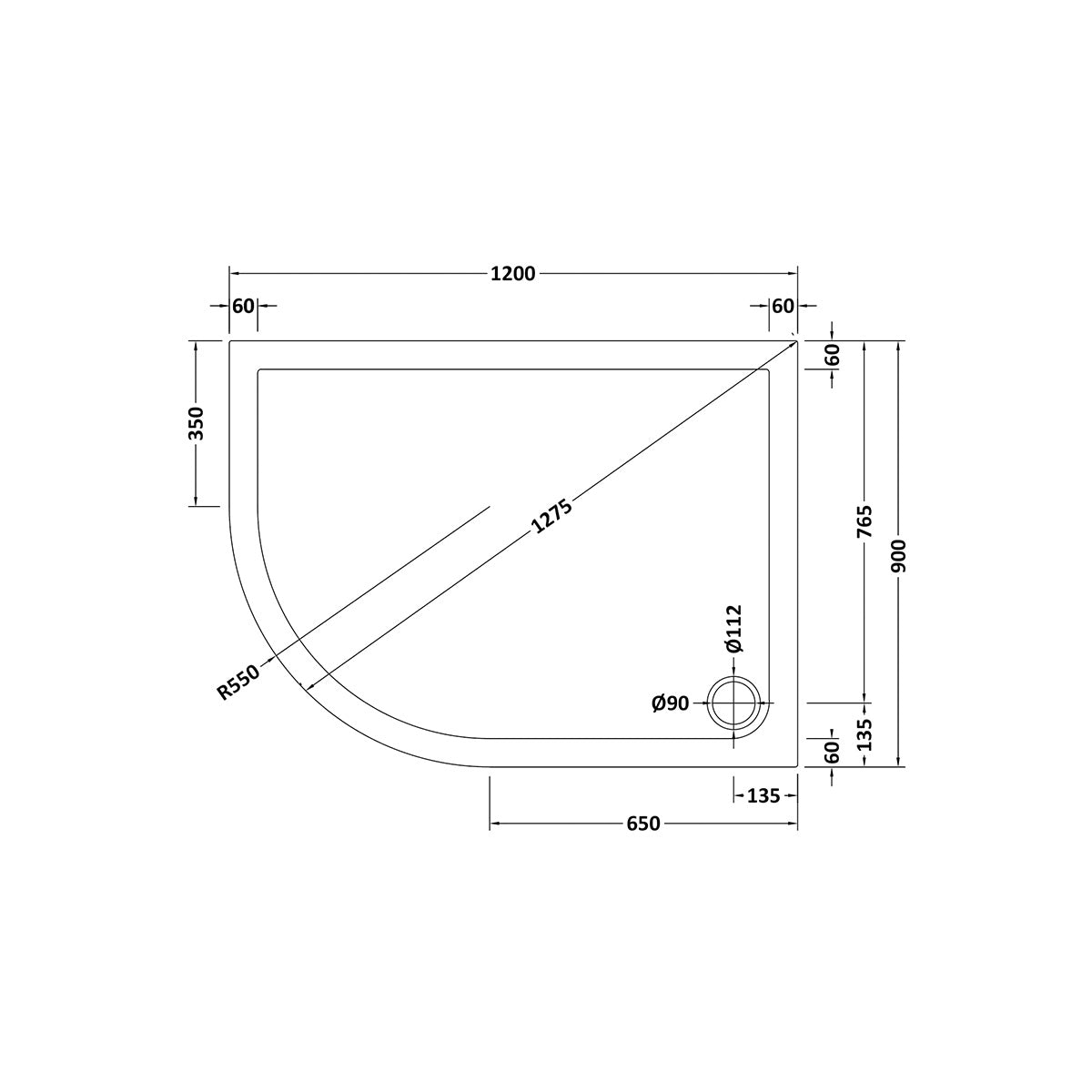 Nuie 1200 x 900mm Offset Quadrant Shower Tray - Left Hand - Slate Grey - Technical drawing