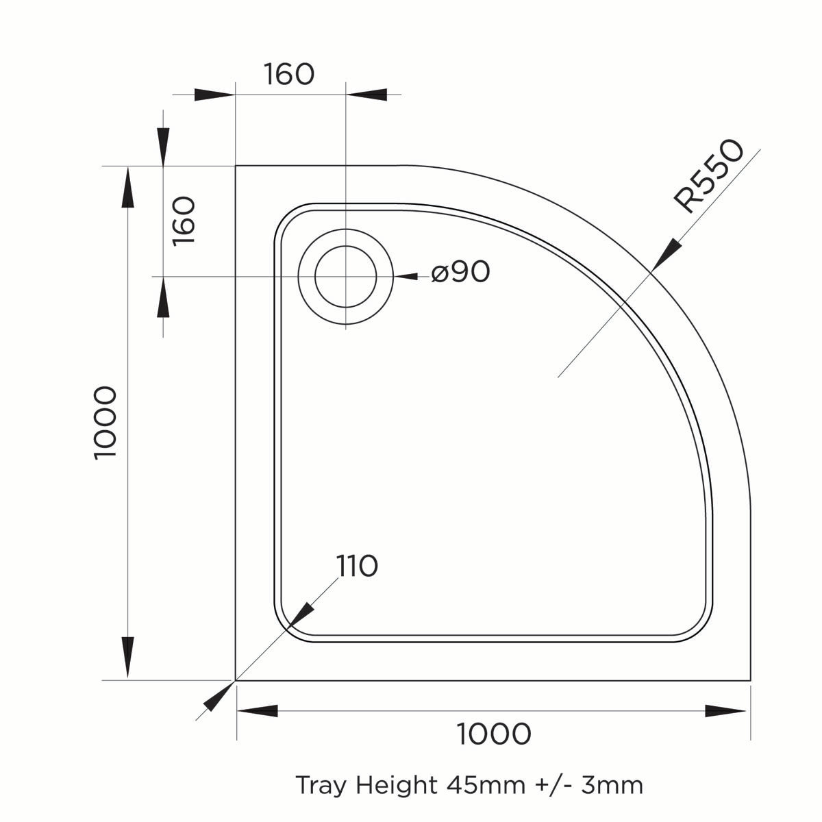 Elements 1000mm Quadrant Slim Line Shower Tray with Corner Waste - Technical drawing