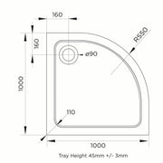 Elements 1000mm Quadrant Slim Line Shower Tray with Corner Waste - Technical drawing