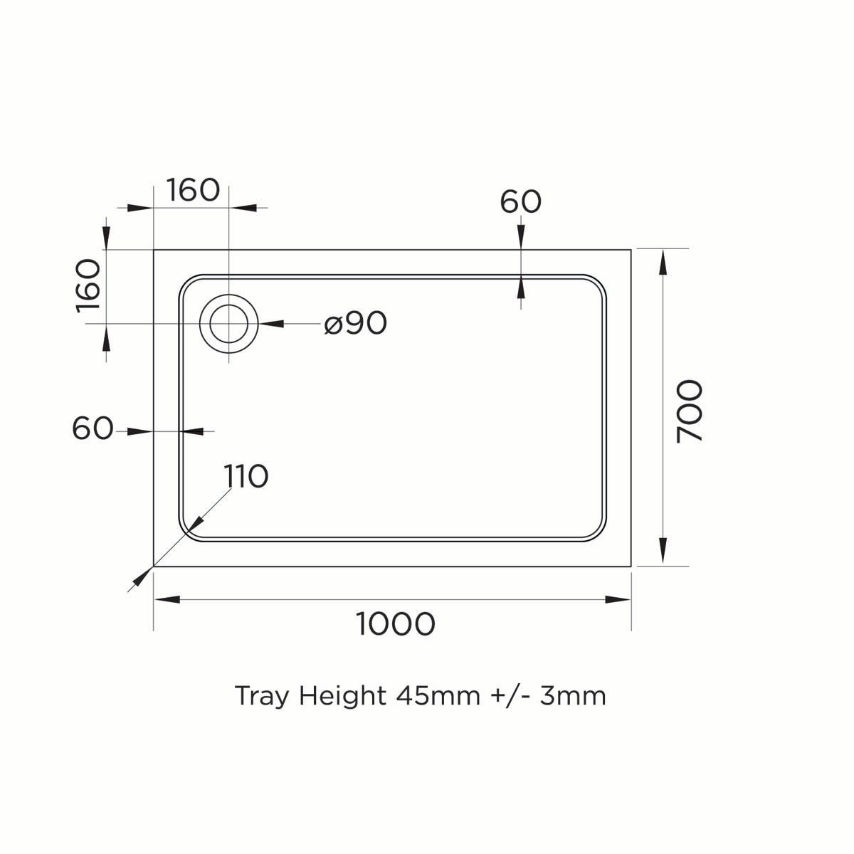 Elements 1000 x 700mm Rectangle Slim Line Shower Tray with Corner Waste - Technical drawing