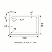 Elements 1000 x 700mm Rectangle Slim Line Shower Tray with Corner Waste - Technical drawing