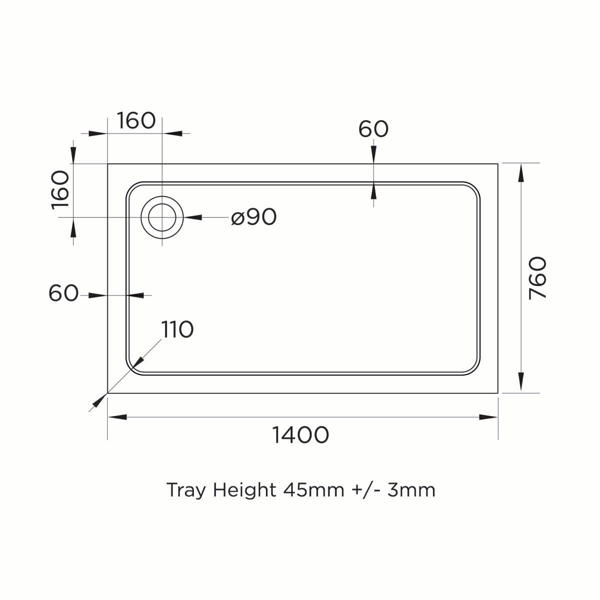Elements 1400 x 760mm Rectangle Slim Line Shower Tray with Corner Waste - Technical drawing