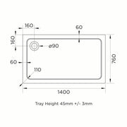 Elements 1400 x 760mm Rectangle Slim Line Shower Tray with Corner Waste - Technical drawing