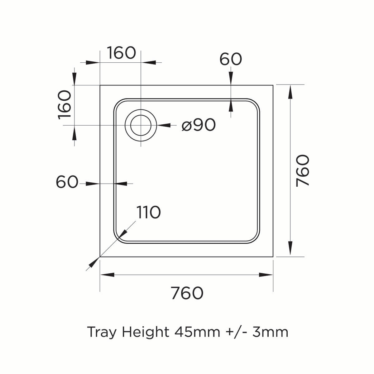 Elements 760 x 760mm Square Slim Line Shower Tray with Corner Waste - Technical drawing
