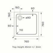 Elements 760 x 760mm Square Slim Line Shower Tray with Corner Waste - Technical drawing