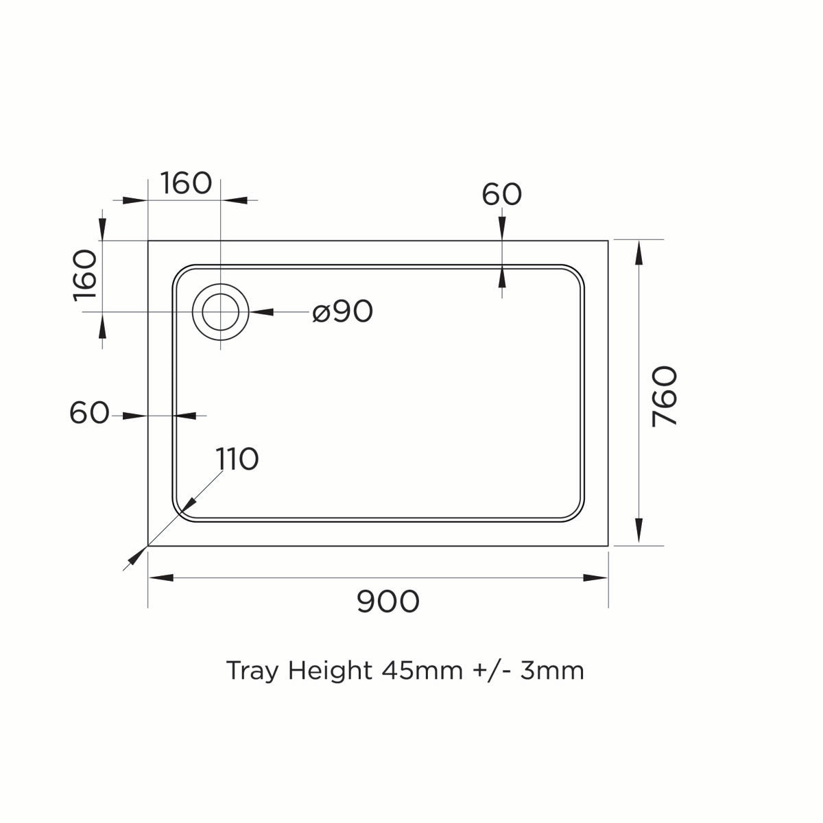 Elements 900 x 760mm Rectangle Slim Line Shower Tray with Corner Waste - Technical drawing