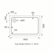 Elements 900 x 760mm Rectangle Slim Line Shower Tray with Corner Waste - Technical drawing