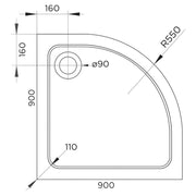 Elements 900mm Quadrant Slim Line Shower Tray with Corner Waste - Technical drawing