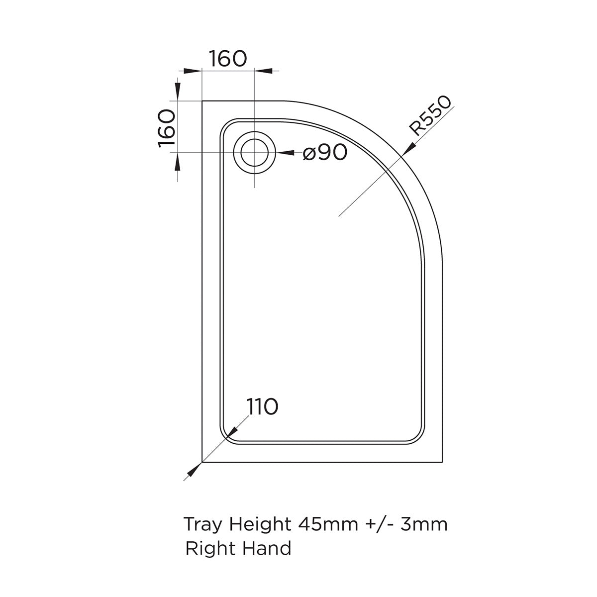 Elements 1200 x 800mm Offset Quadrant Slim Line Shower Tray - Right Hand with Corner Waste - Technical drawing