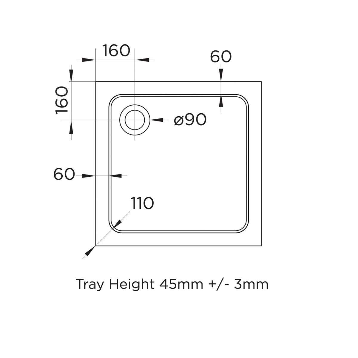 Elements 800 x 800mm Square Slim Line Shower Tray with Corner Waste - Technical drawing
