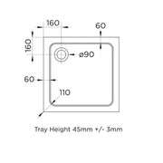 Elements 800 x 800mm Square Slim Line Shower Tray with Corner Waste - Technical drawing