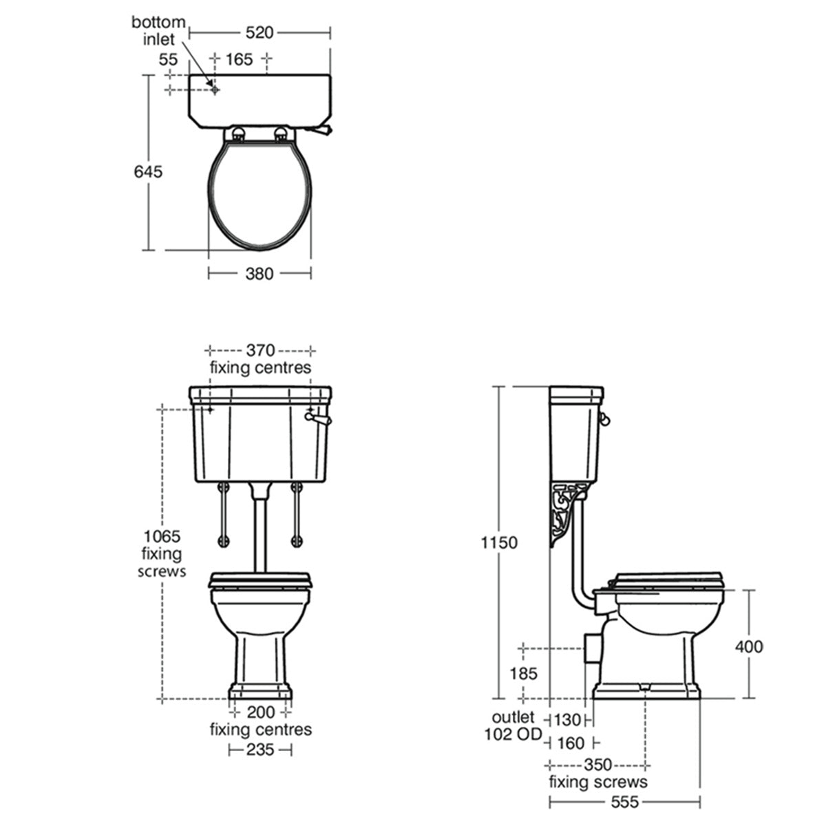 Ideal Standard Waverley Classic Low Level Toilet & Standard Seat - Technical drawing
