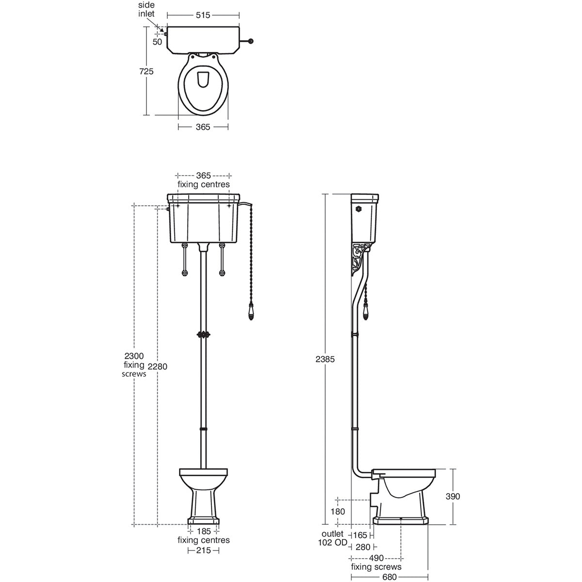 Ideal Standard Waverley Classic High Level Toilet & Standard Seat - Technical drawing